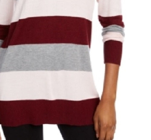 Camiseta feminina Maison Jules com estampa de blocos de cores, manga comprida, gola redonda, vinho, tamanho médio