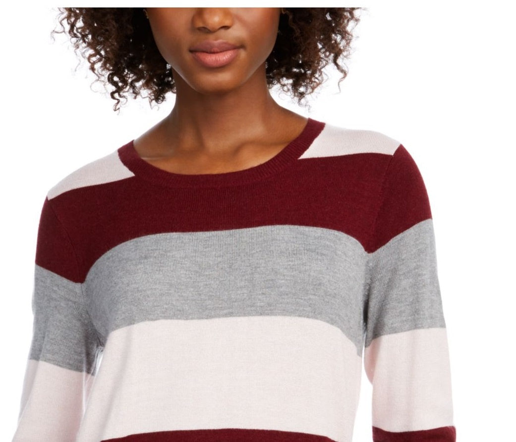 Camiseta feminina Maison Jules com estampa de blocos de cores, manga comprida, gola redonda, vinho, tamanho pequeno