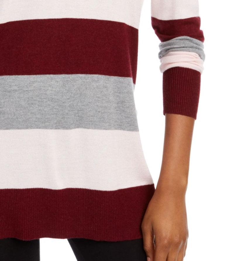 Camiseta feminina Maison Jules com estampa de blocos de cores, manga comprida, gola redonda, vinho, tamanho pequeno