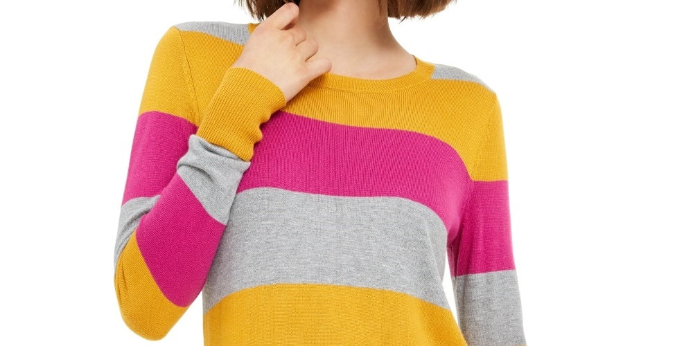 Blusa feminina Maison Jules com estampa de blocos de cores, manga longa, gola redonda, amarelo escuro, tamanho pequeno