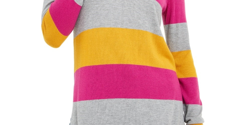 Blusa feminina Maison Jules com estampa de blocos de cores, manga longa, gola redonda, amarelo escuro, tamanho pequeno