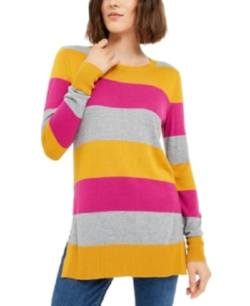 Camiseta feminina Maison Jules com estampa de blocos de cores e gola redonda, manga comprida, tamanho XS