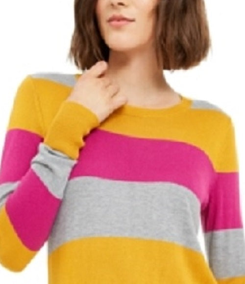 Camiseta feminina Maison Jules com estampa de blocos de cores e gola redonda, manga comprida, tamanho XS
