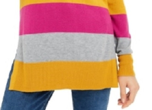 Camiseta feminina Maison Jules com estampa de blocos de cores e gola redonda, manga comprida, tamanho XS