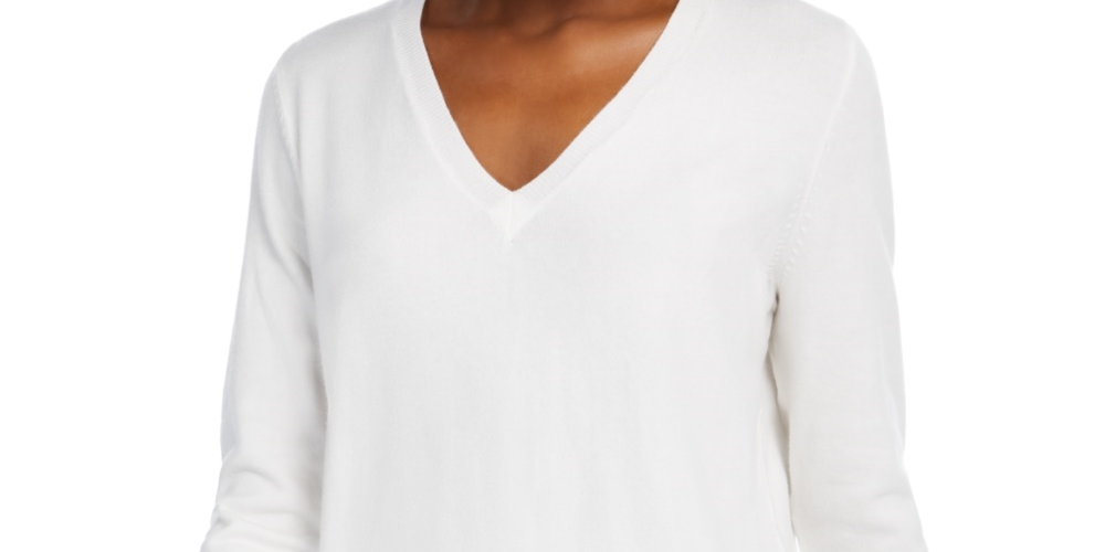 Suéter feminino Maison Jules com decote em V, branco, tamanho extragrande