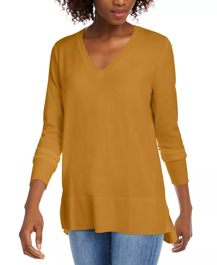 Suéter feminino Maison Jules com decote em V, amarelo, tamanho pequeno