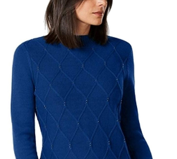 Karen Scott Suéter Feminino com Gola Careca e Cordão com Contas Azul Tamanho Médio