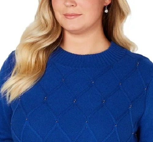 Karen Scott Suéter Feminino com Gola Careca e Contas Azul Brilhante Tamanho P