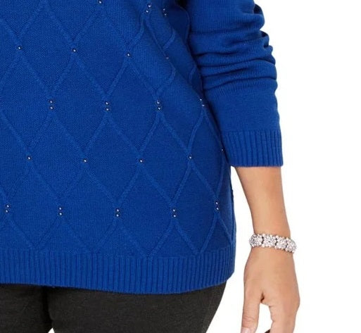 Karen Scott Suéter Feminino com Gola Careca e Contas Azul Brilhante Tamanho P