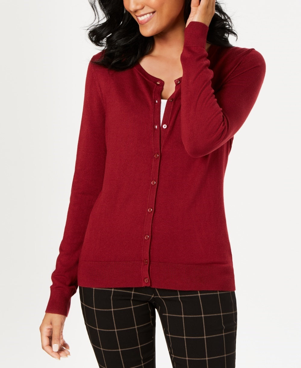 Cardigan feminino de manga comprida com botões na frente, tamanho vinho, tamanho extragrande