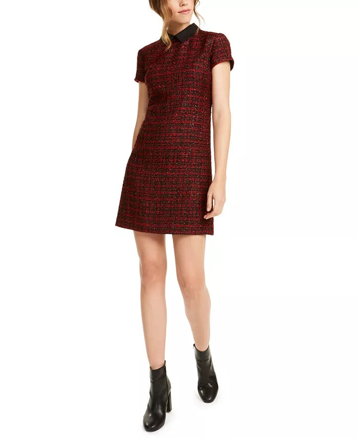 Vestido de tweed com gola e bainha assimétrica, tamanho XS, da Maison Jules, feminino, vermelho