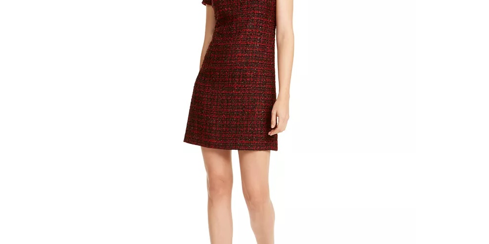 Vestido de tweed com gola e bainha assimétrica, tamanho XS, da Maison Jules, feminino, vermelho