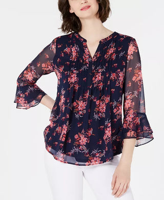 Charter Club Blusa Feminina Floral Pintuck Vermelha Tamanho P