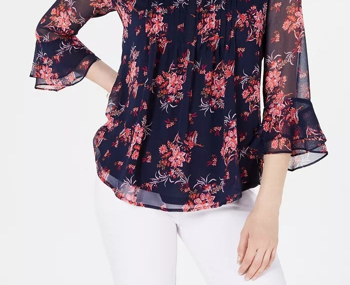 Charter Club Blusa Feminina Floral Pintuck Vermelha Tamanho P