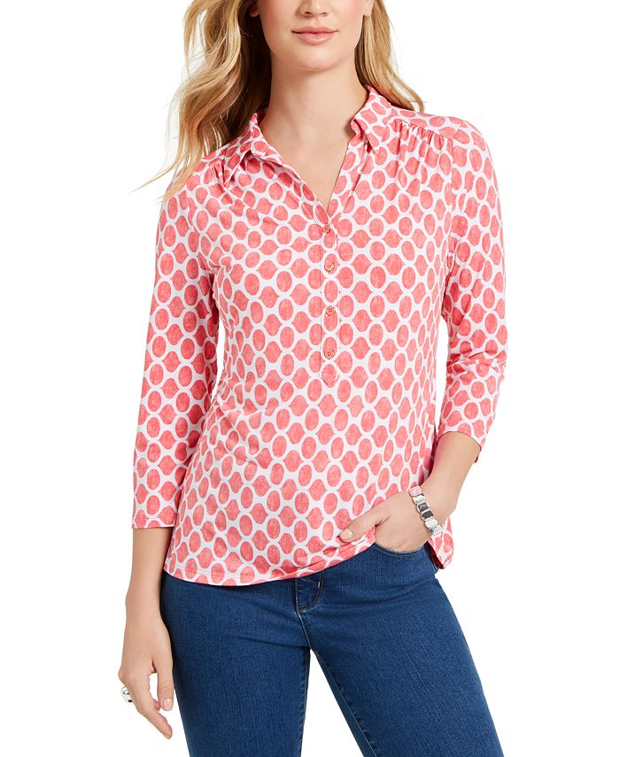 Camisa polo feminina Charter Club com estampa de manga 3/4, rosa, tamanho médio