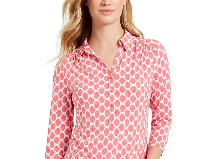 Camisa polo feminina Charter Club com estampa de manga 3/4, rosa, tamanho médio
