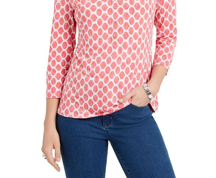 Camisa polo feminina Charter Club com estampa de manga 3/4, rosa, tamanho médio