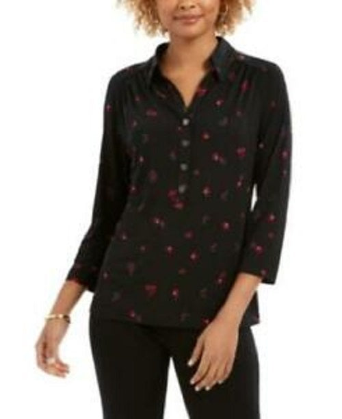 Camisa polo feminina Charter Club com estampa de manga 3/4, preta, tamanho pequeno