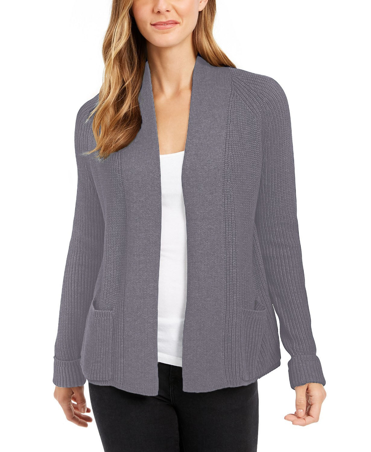 Cardigan feminino de algodão com abertura frontal, tamanho grande, cinza, Charter Club