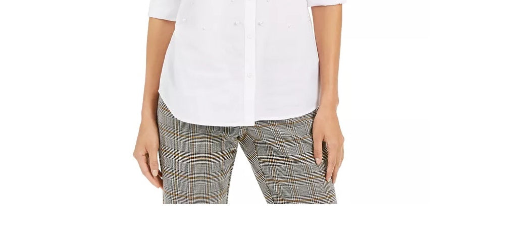 Camisa feminina Charter Club com pérola sintética, branca, tamanho extra pequeno