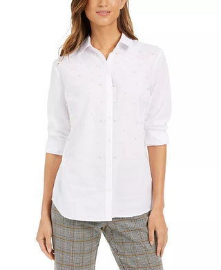 Charter Club Women's Faux Pearl Button Front Shirt White Size Petite Medium