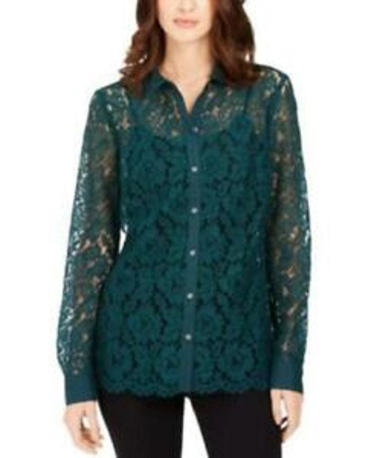 Blusa feminina Charter Club com botões e renda, verde-escuro, tamanho médio