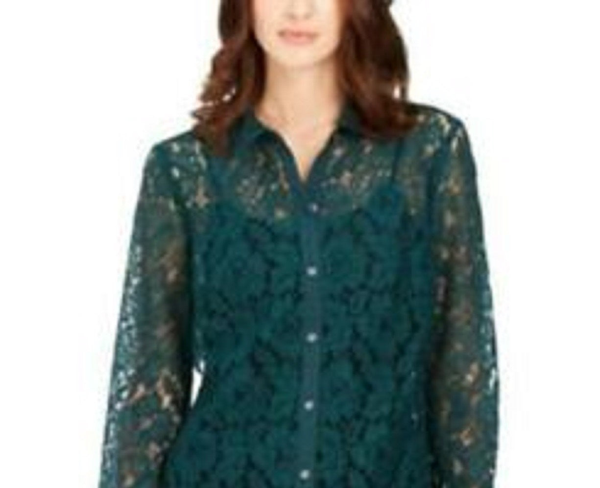 Blusa feminina Charter Club com botões e renda, verde-escuro, tamanho médio
