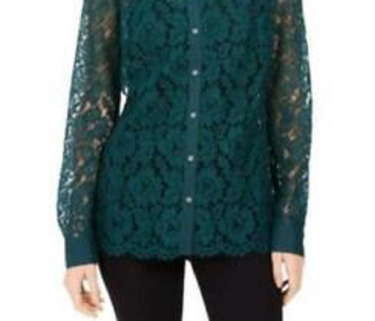 Blusa feminina Charter Club com botões e renda, verde-escuro, tamanho médio