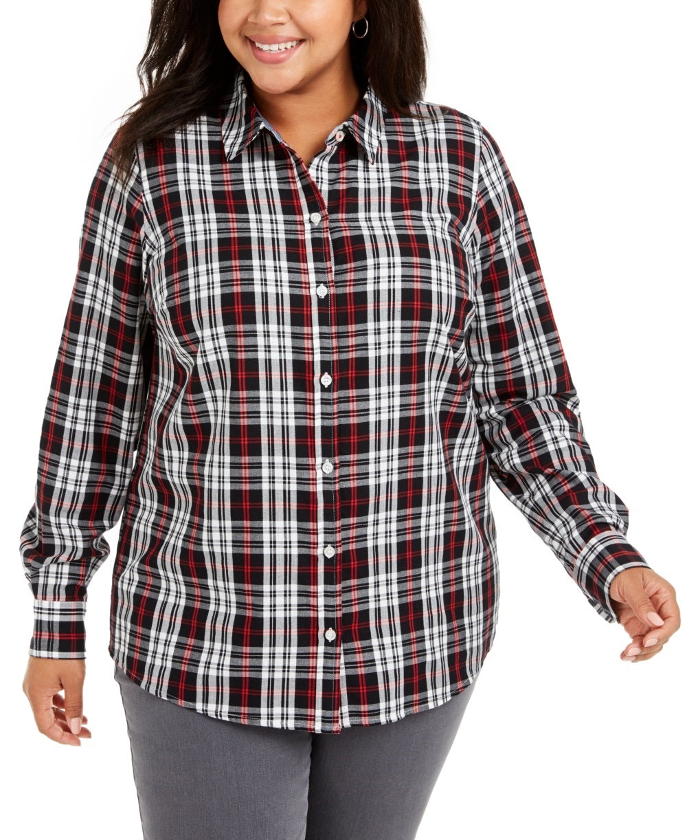 Camisa xadrez plus size feminina Charter Club com botões, preta, tamanho 2X