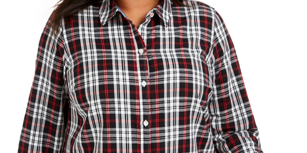 Camisa xadrez plus size feminina Charter Club com botões, preta, tamanho 2X
