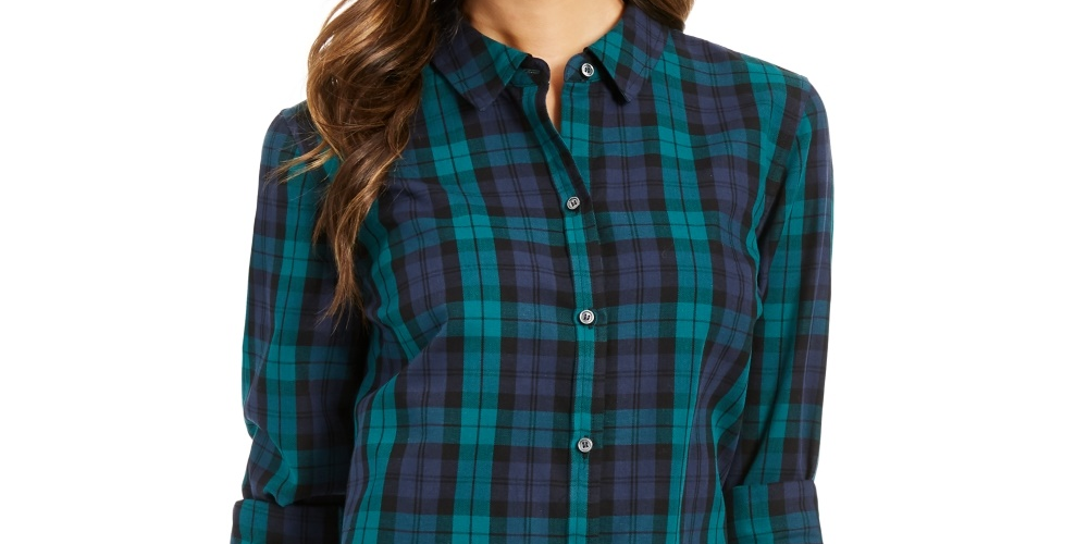 Camisa xadrez feminina Charter Club de algodão, preta, tamanho XS