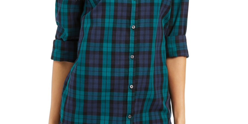 Camisa xadrez feminina Charter Club de algodão, preta, tamanho XX-G