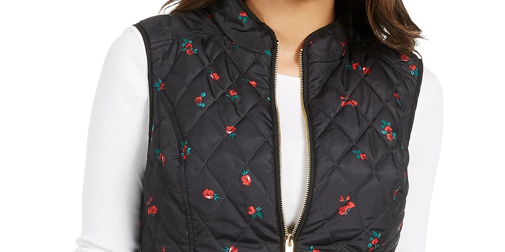 Colete acolchoado feminino com estampa floral Charter Club, preto, tamanho médio