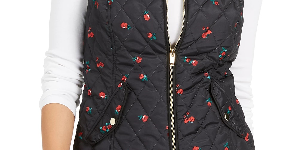 Colete acolchoado feminino com estampa floral Charter Club, preto, tamanho médio