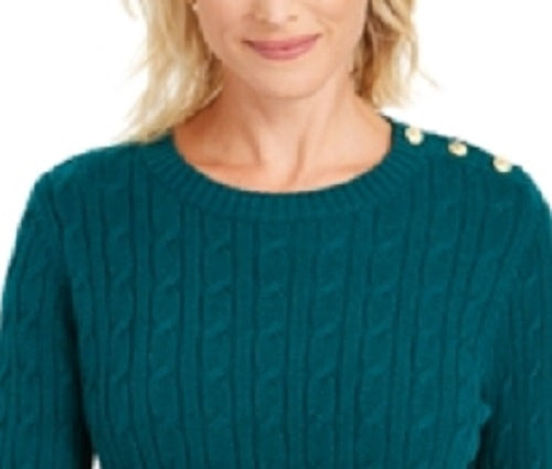 Suéter feminino com textura e estampa, manga comprida, gola redonda, tamanho verde escuro, tamanho médio