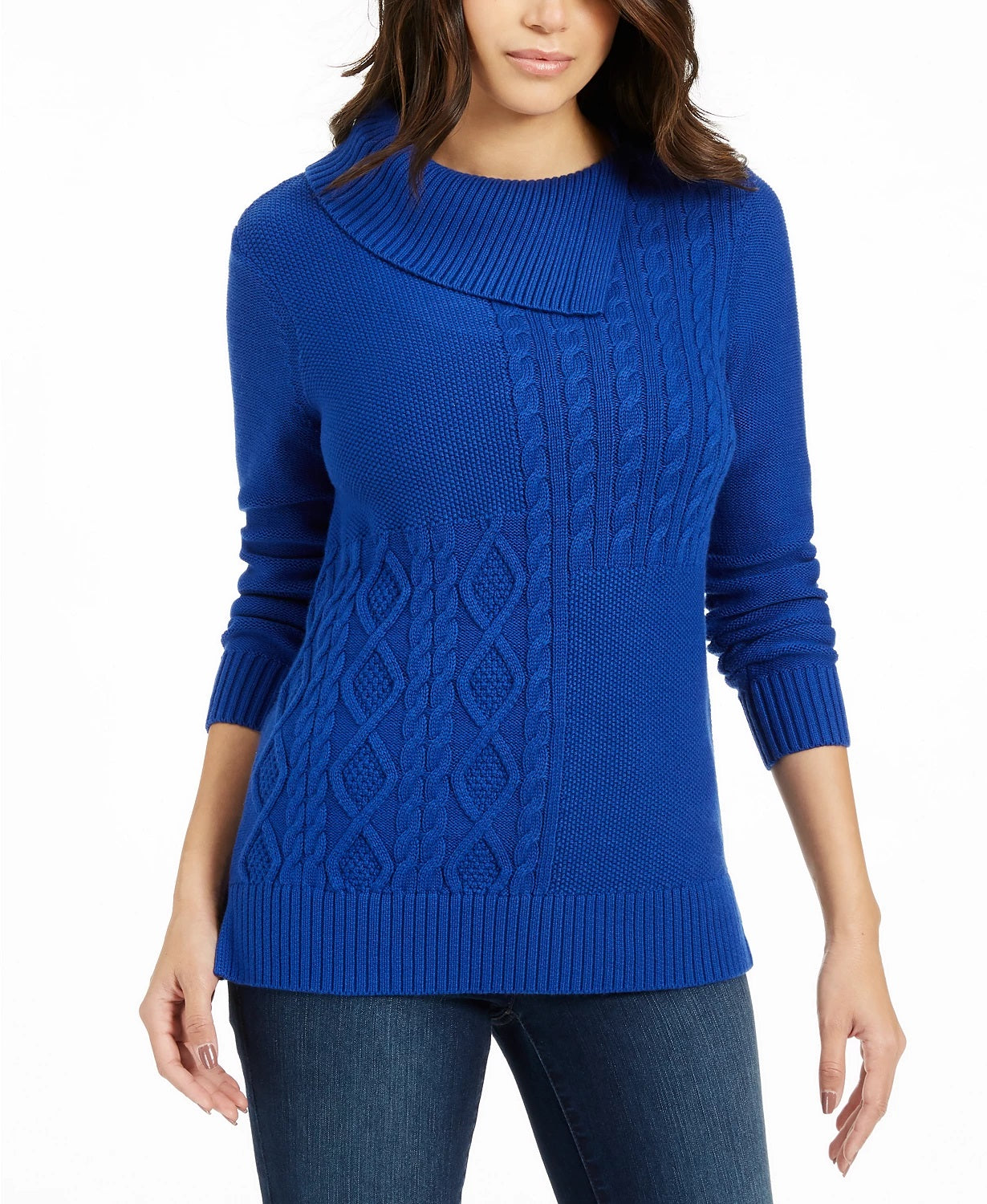 Suéter feminino Charter Club com patchwork e gola assimétrica, tamanho X-G, azul
