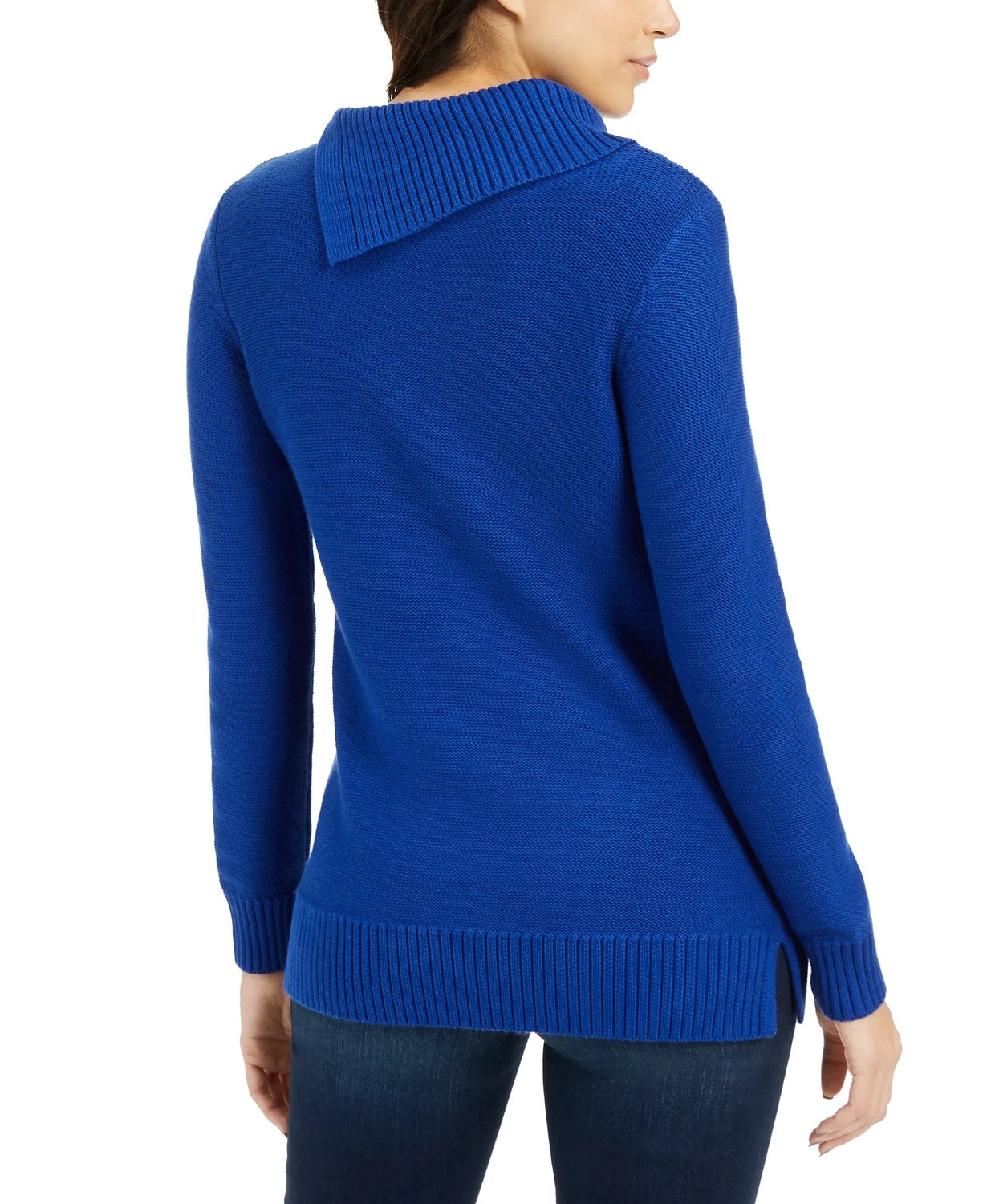 Suéter feminino Charter Club com patchwork e gola assimétrica, tamanho X-G, azul