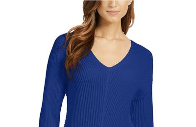 Suéter feminino de algodão texturizado com decote em V, azul, tamanho grande, da Charter Club