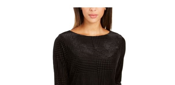 Charter Club Blusa feminina de veludo preto com manga 3/4 e gola alta, tamanho X-S