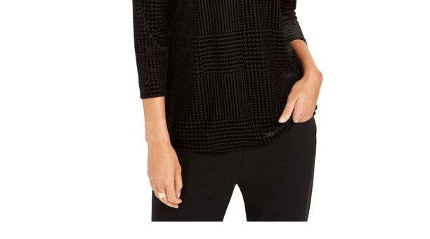 Charter Club Blusa feminina de veludo preto com manga 3/4 e gola alta, tamanho X-S