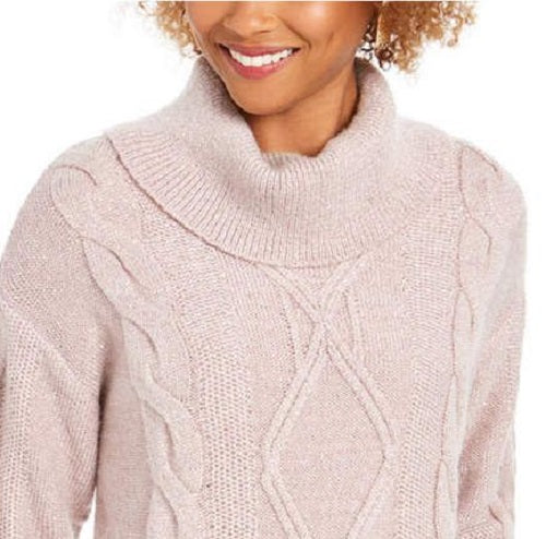 Suéter feminino Charter Club com gola alta e tricô trançado com glitter, rosa, tamanho médio