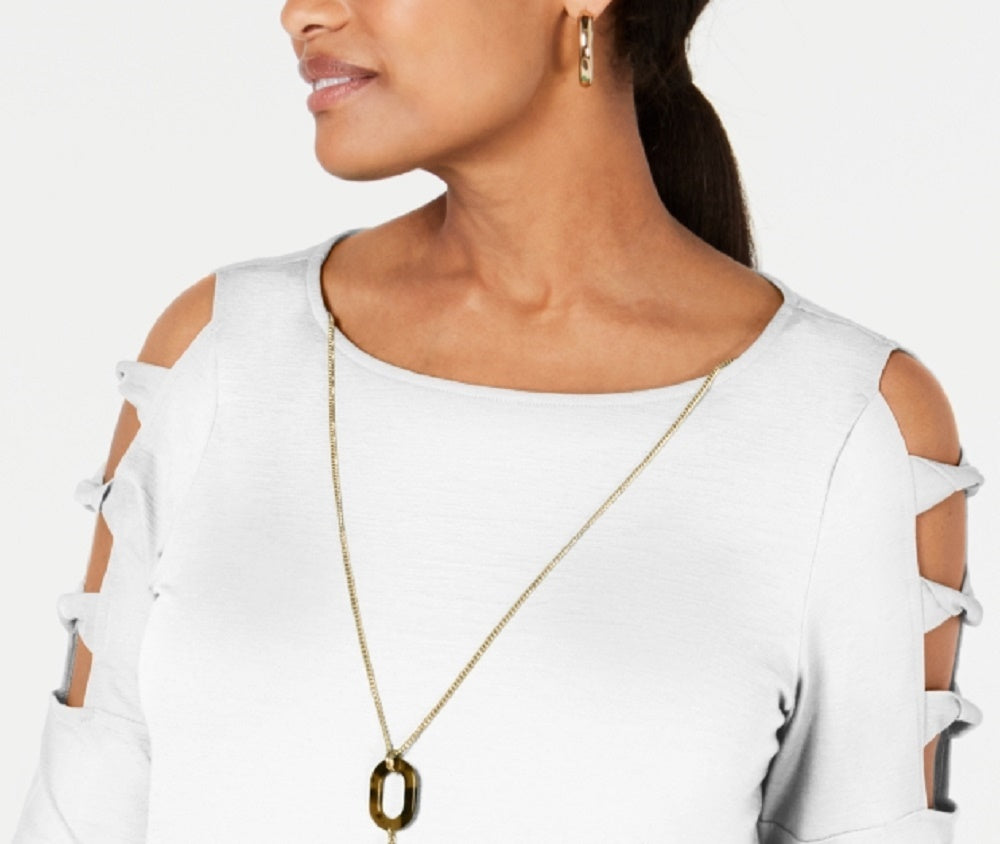 Blusa feminina JM Collection com bainha assimétrica e manga escada, branca, tamanho pequeno
