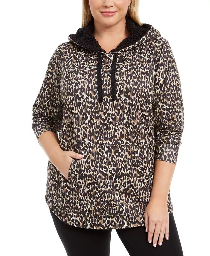 Ideology Moletom feminino plus size com capuz estampado e bainha redonda bege cáqui tamanho 1X