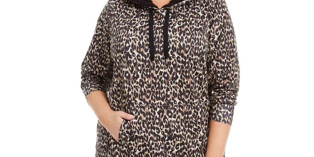 Ideology Moletom feminino plus size com capuz estampado e bainha redonda bege cáqui tamanho 1X
