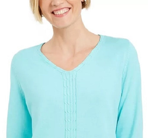 Karen Scott Suéter Feminino de Algodão com Malha Trançada Azul Tamanho Grande