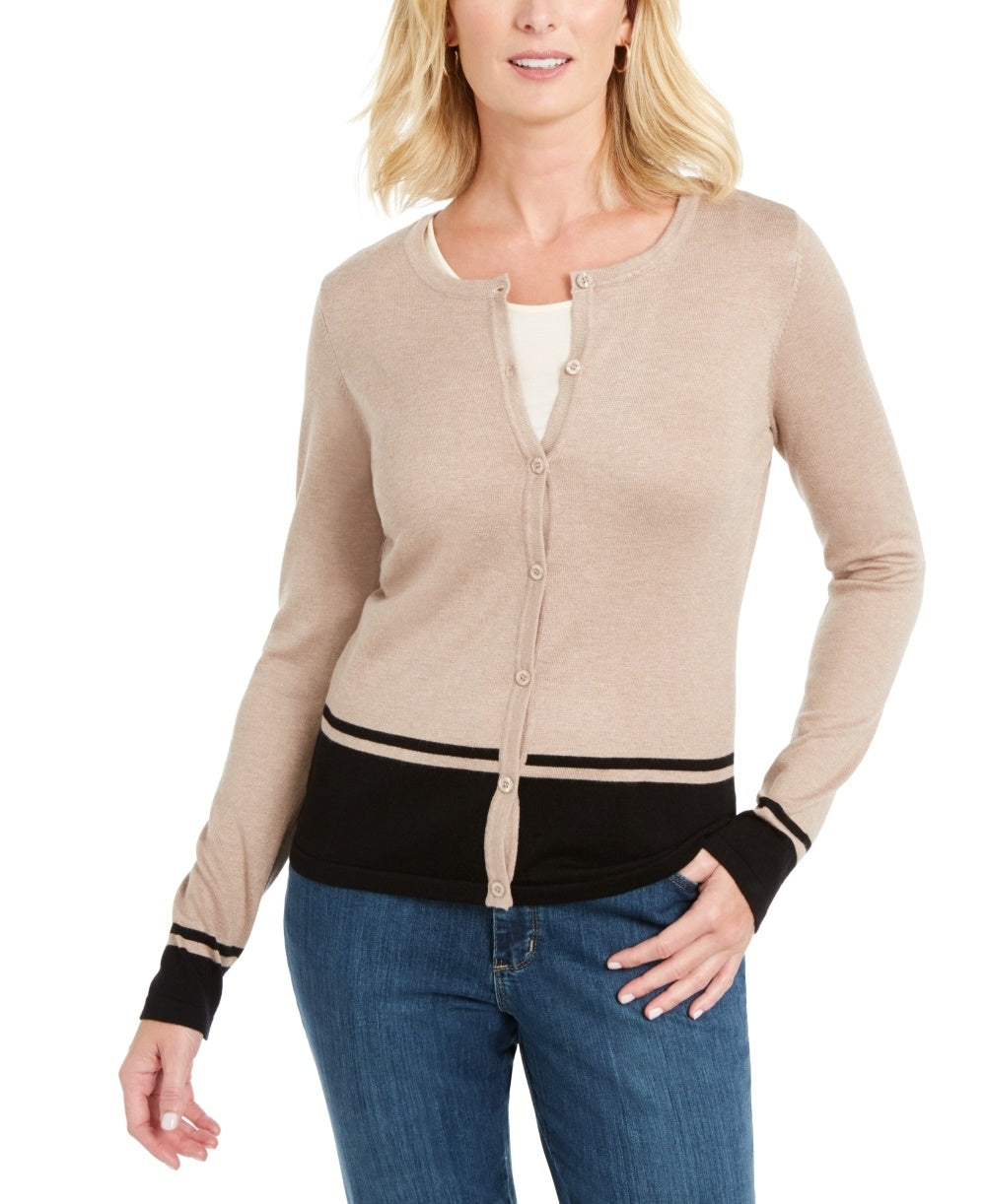 Karen Scott Cardigan Feminino Colorblock Bege Tamanho Grande