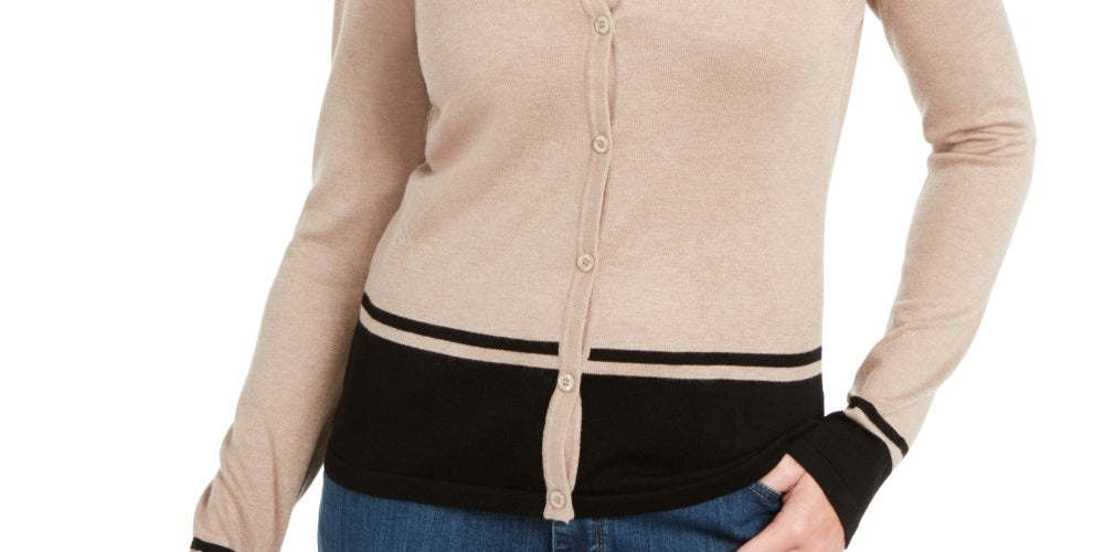 Karen Scott Cardigan Feminino Colorblock Bege Tamanho Grande