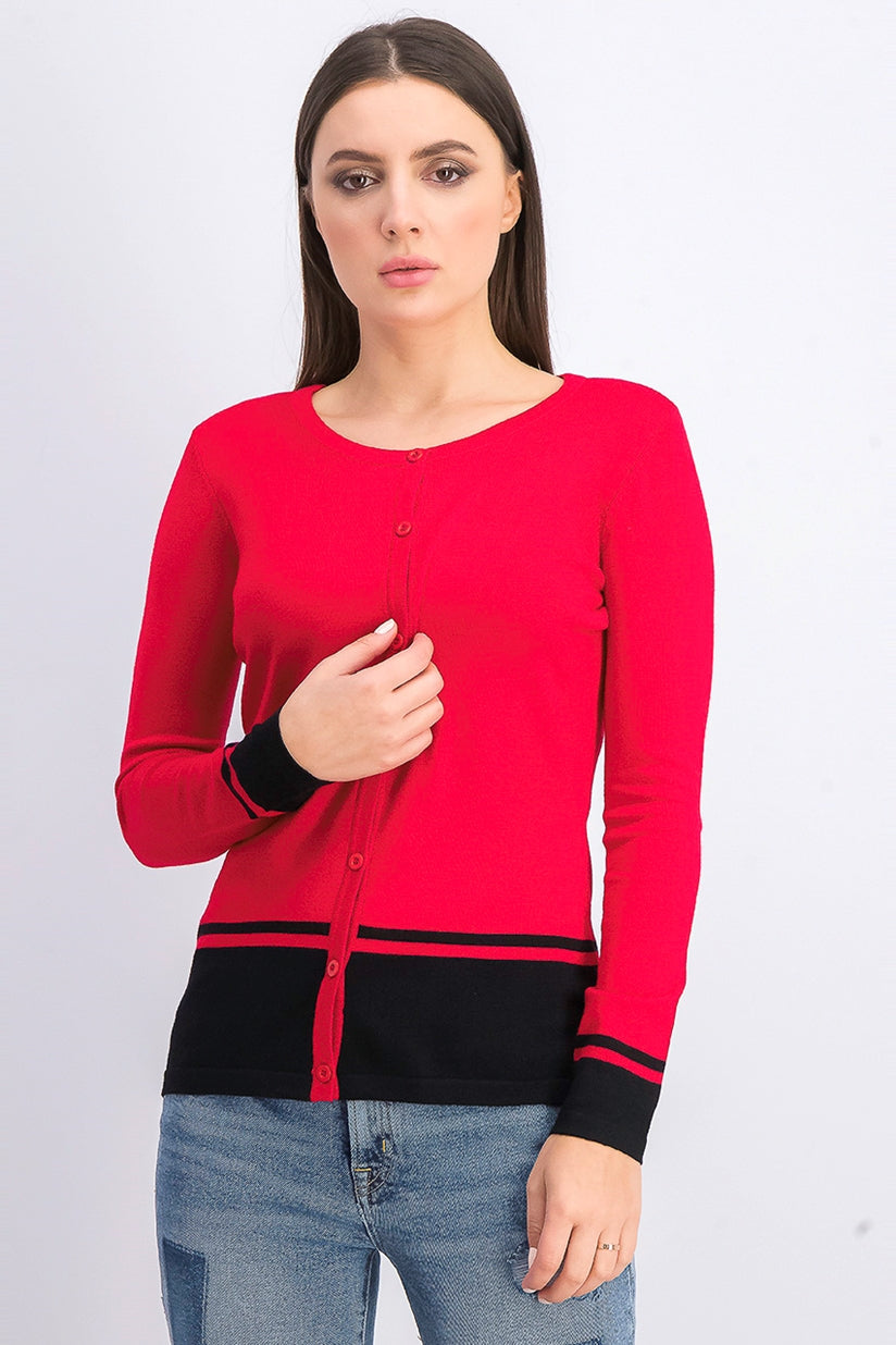 Karen Scott Cardigan Feminino com Barra Colorida e Blocos Vermelho Tamanho Pequeno Médio