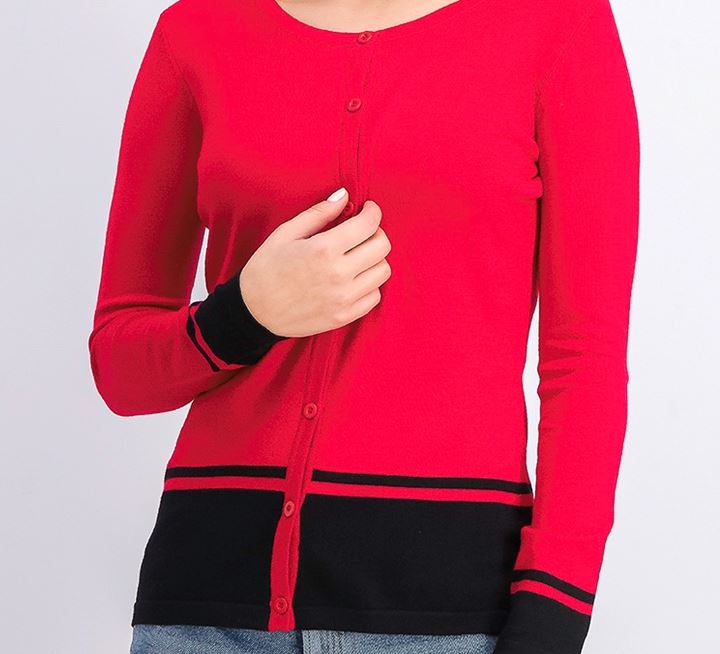 Karen Scott Cardigan Feminino com Barra Colorida e Blocos Vermelho Tamanho Pequeno Médio