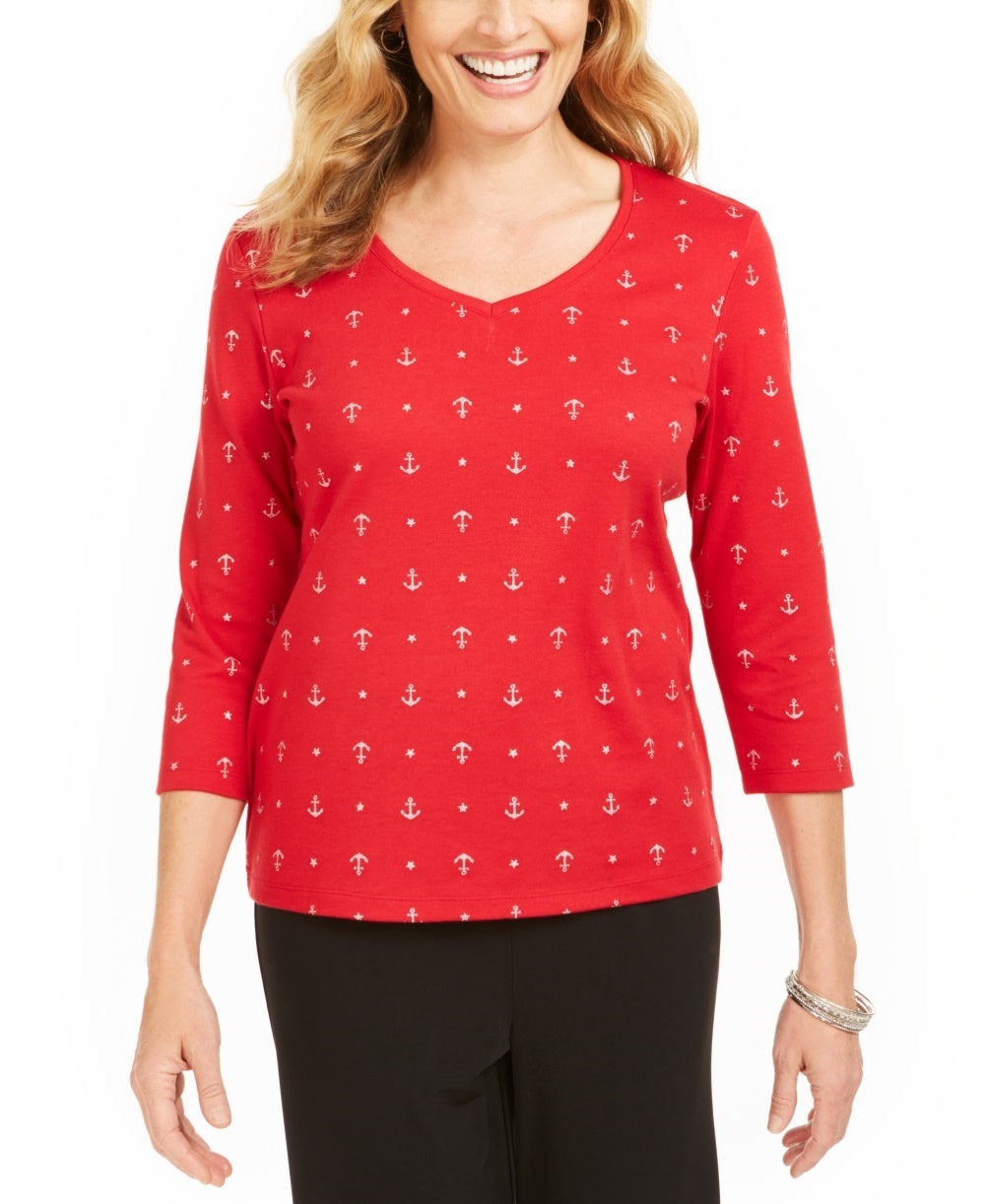 Karen Scott Blusa Feminina com Estampa de Âncora e Gola V Vermelha Tamanho P